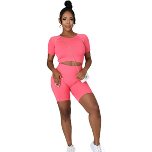 Coral Crop top Round Neckline  Short Sleeve High Waisted Shorts Ruched  Nylon and Spandex