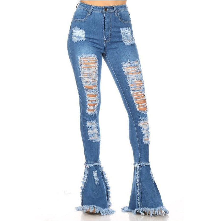 Stretchy Distressed Flare Jeans Medium Wsah