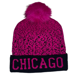 Soft Knit CHICAGO print pom pom hat black and pink