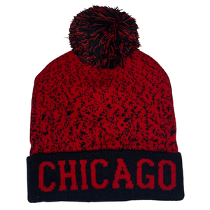 Soft Knit CHICAGO print pom pom hat red and black