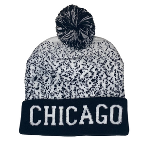 Soft Knit CHICAGO print pom pom hat black and white