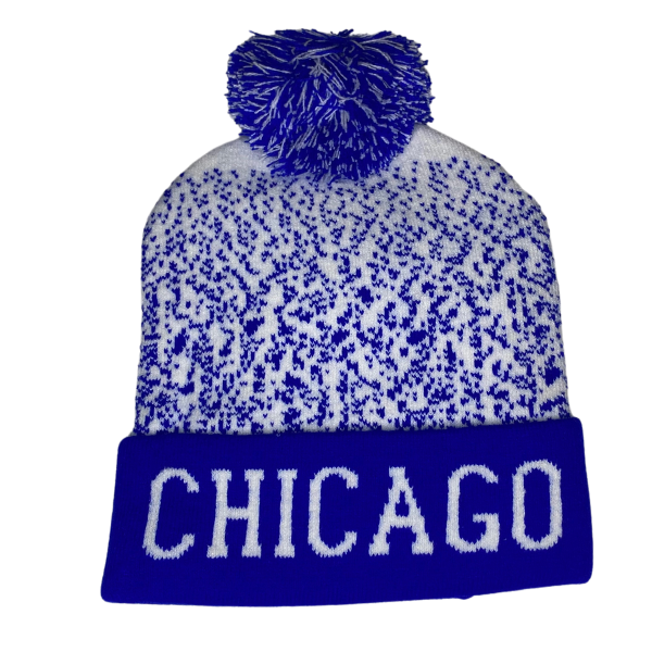 Soft Knit CHICAGO print pom pom hat blue and white