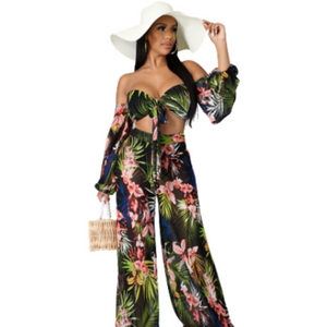 polyester and spandex Floral Off-Shoulder Sheer Top Long Sheer Sleeves Self-Tie Closure Sheer Pant Undergarment Attached